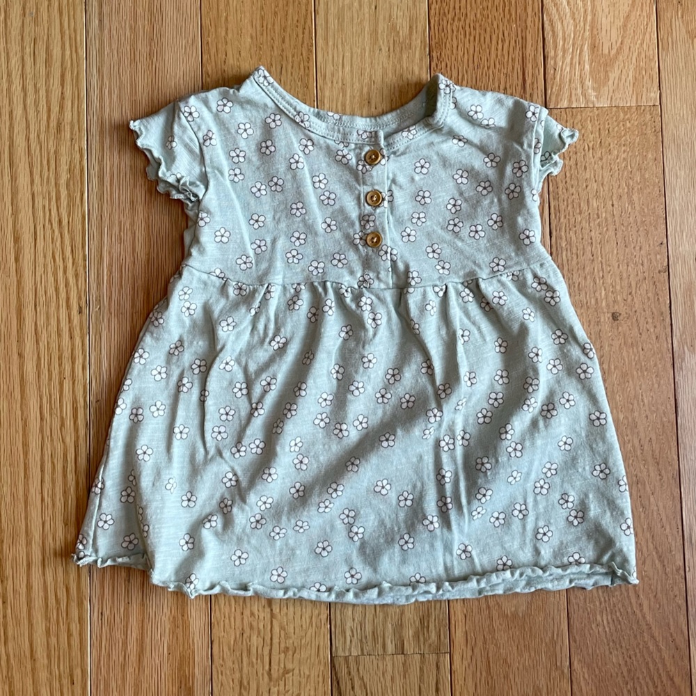 Little Co. Green and White Floral Short Sleeve Dress 9 Months